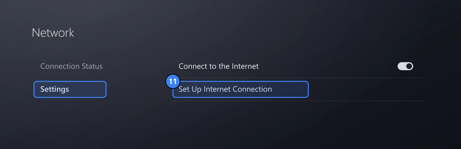 Drawing of the PS5 Network menu, with Settings and Set Up Internet Connection framed