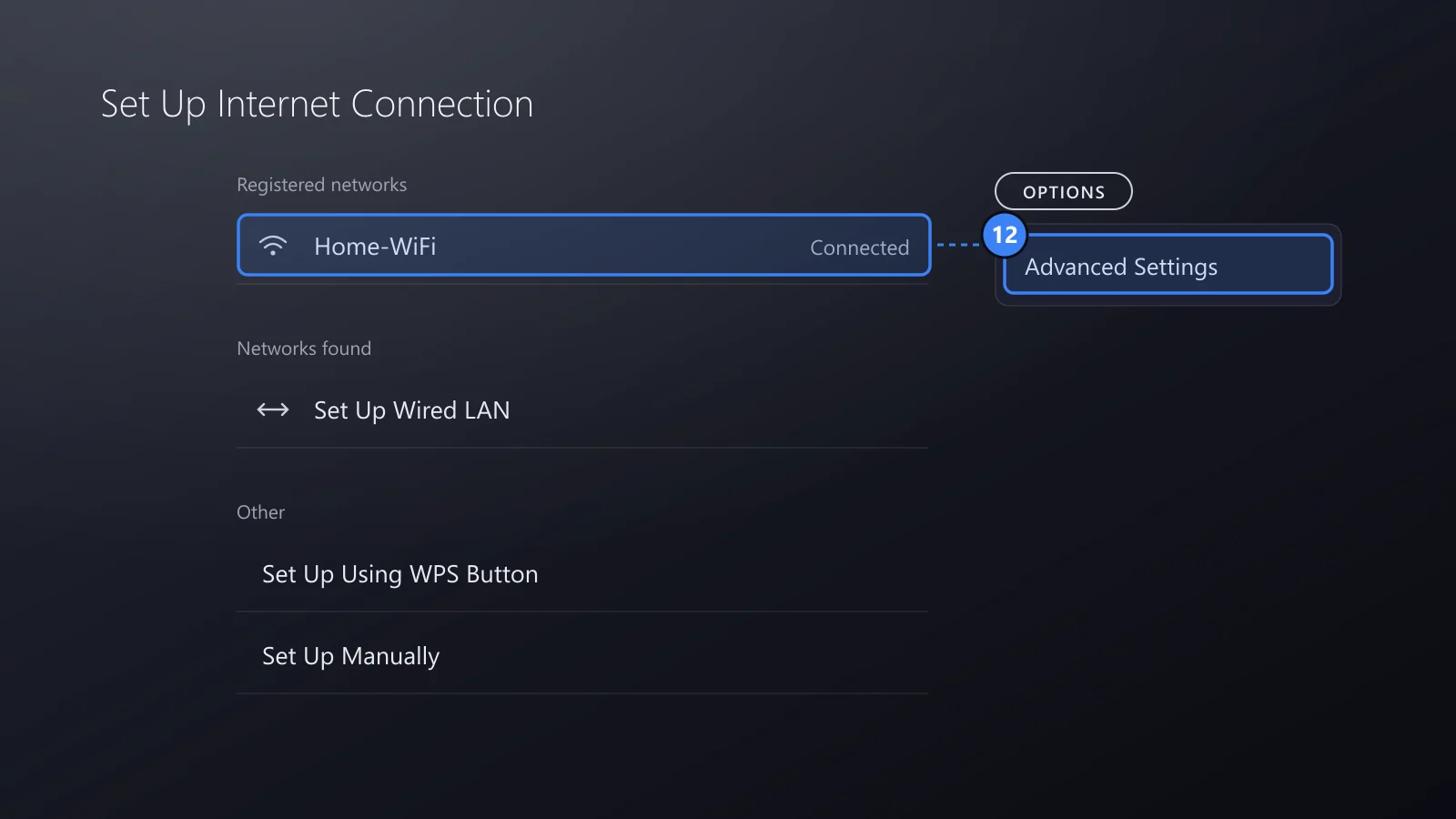 Drawing of the Set Up Internet Connection screen, with the registered Wi-Fi network and the Advanced Settings item of the OPTIONS menu framed