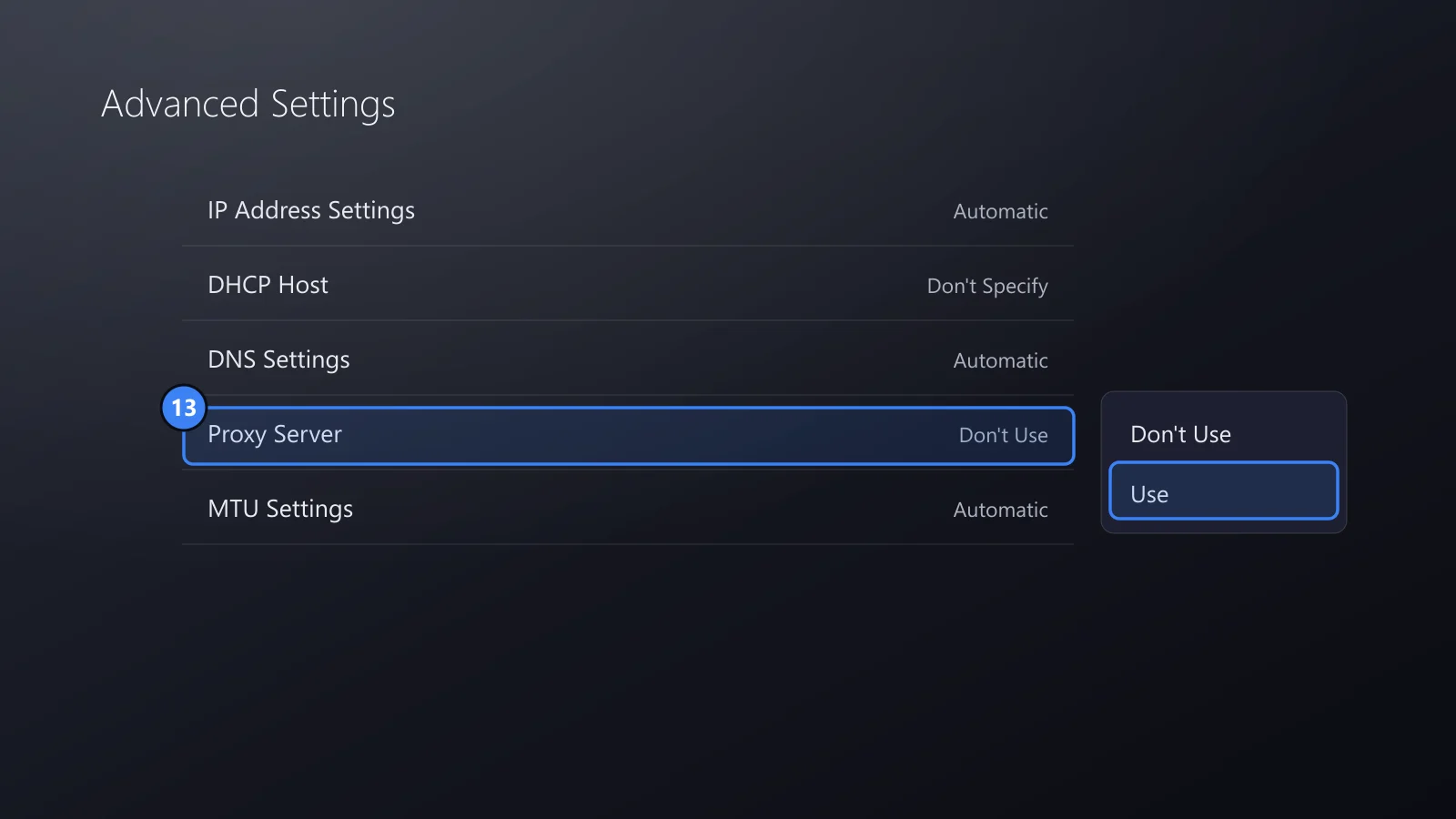Drawing of the Advanced Settings list, with the Proxy Server row and the Use option framed