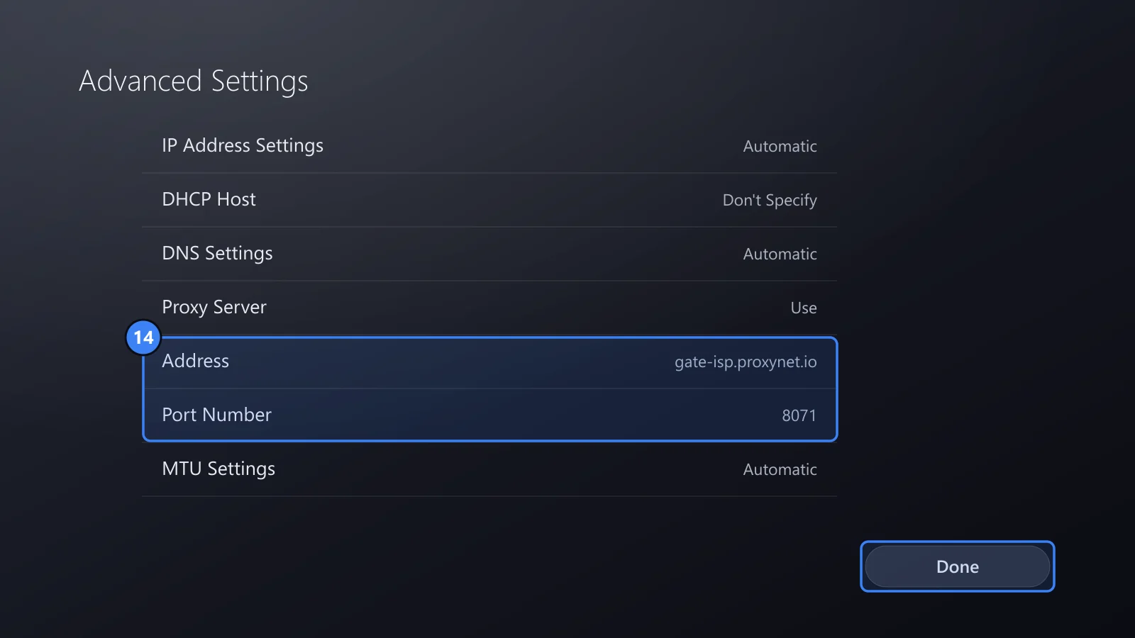 Drawing of the Advanced Settings list, with the Address and Port Number rows and the Done button framed