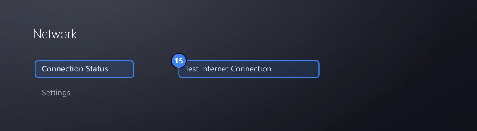 Drawing of the PS5 Network menu, with Connection Status and Test Internet Connection framed