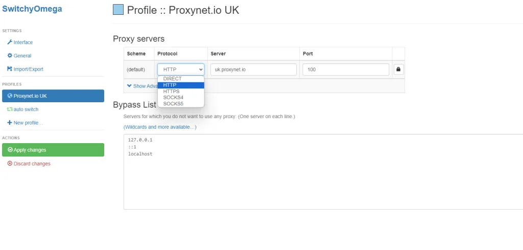 فیلدهای Proxy Server و Port در SwitchyOmega